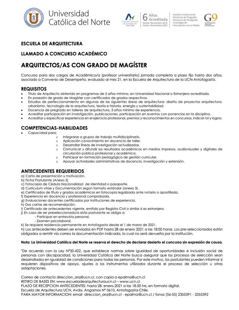 ESCUELA DE ARQUITECTURA / LLAMADO A CONCURSO ACADÉMICO ARQUITECTOS/AS CON GRADO DE MAGÍSTER